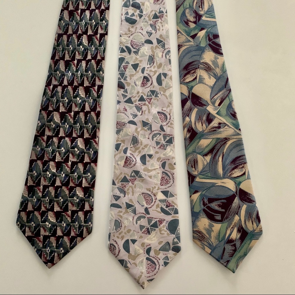 3 men’s Vintage 100% silk muted green/plum abstract print ties